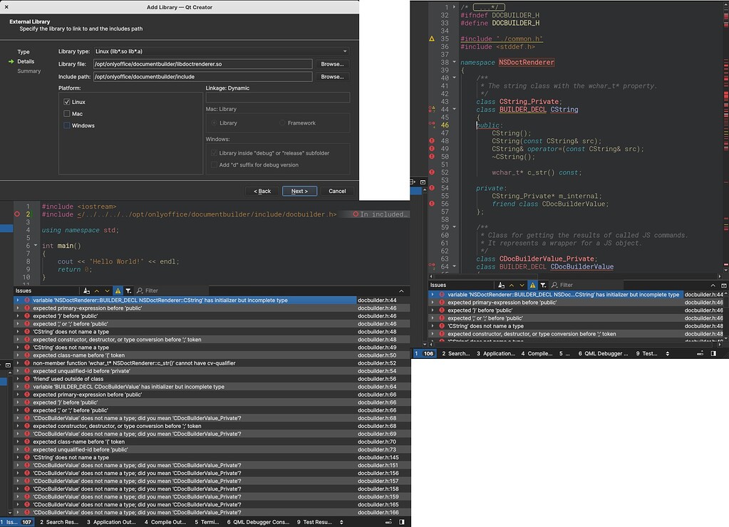 Can t connect doctrenderer lib with qt project document builder