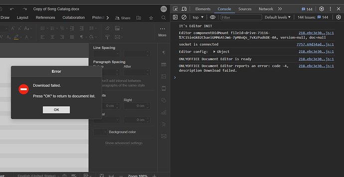 218.ebc3e301cde9de12d61f.js:1 ONLYOFFICE Document Editor reports an error: code -4, description Download failed.