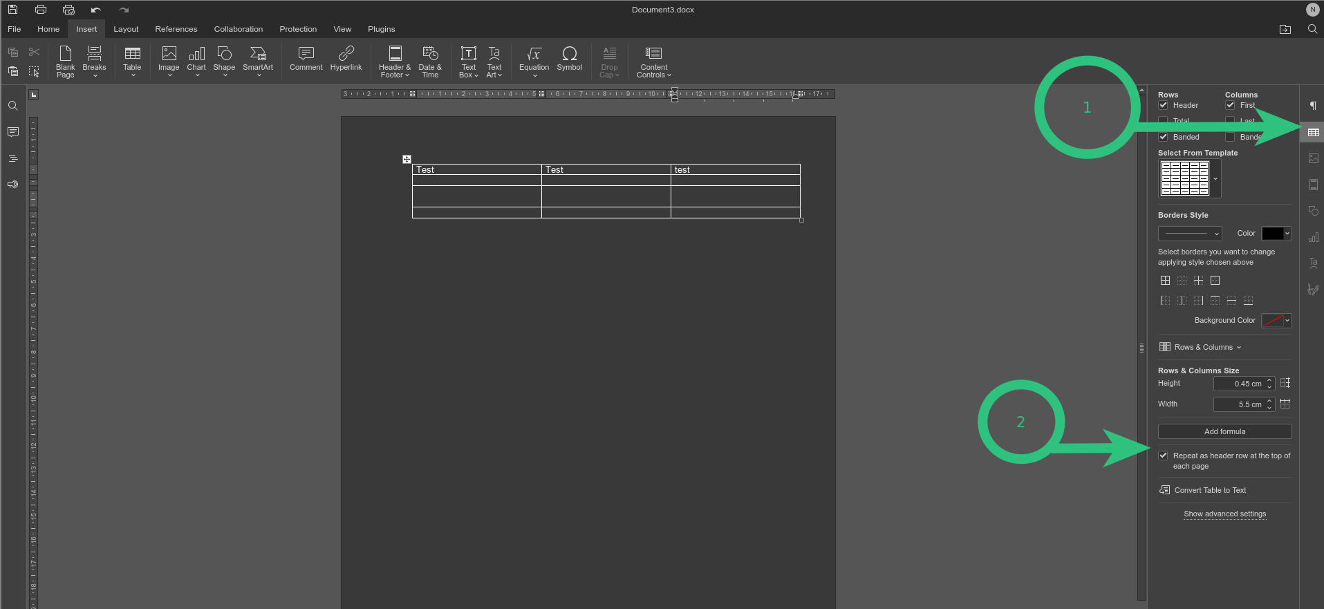 How to designate TABLE s 1st row as a header row Docs ONLYOFFICE